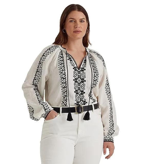 Plus Size Embroidered Linen Blouse