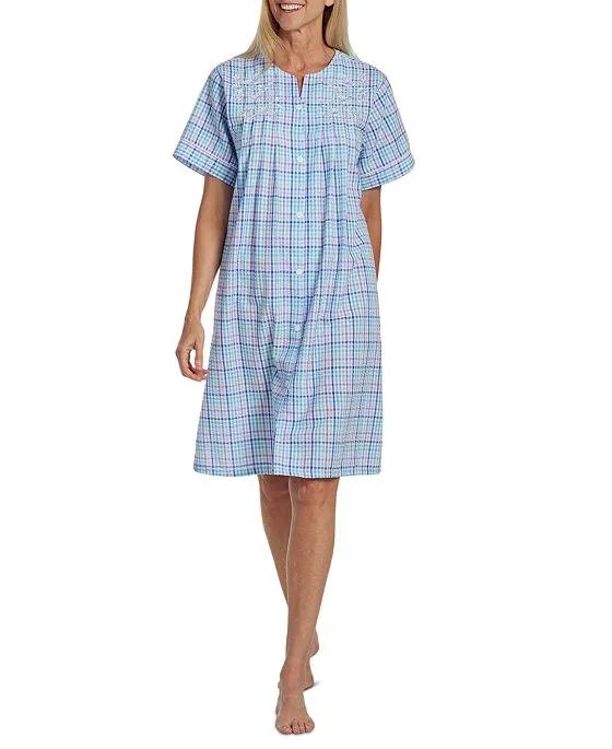 Plus Size Embroidered Short-Sleeve Plaid Robe