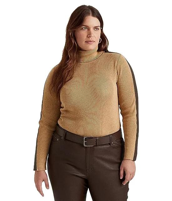 Plus-Size Faux-Leather-Trim Turtleneck Sweater