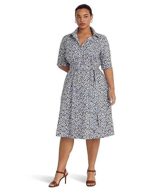 Plus Size Floral Belted Cotton-Blend Shirtdress