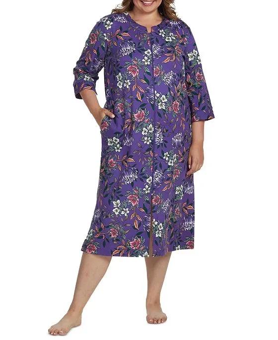 Plus Size Floral Long-Sleeve Zip-Front Robe