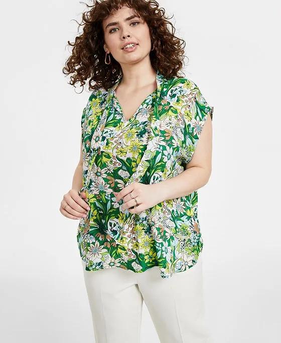 Plus Size Floral-Print Tie-Neck Short-Sleeve Top, Created for Macy's
