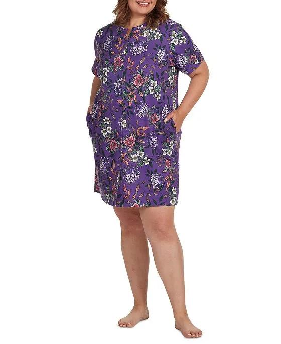 Plus Size Floral Short-Sleeve Gripper Robe