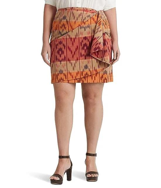 Plus Size Geo-Motif Cotton-Linen Wrap Skirt