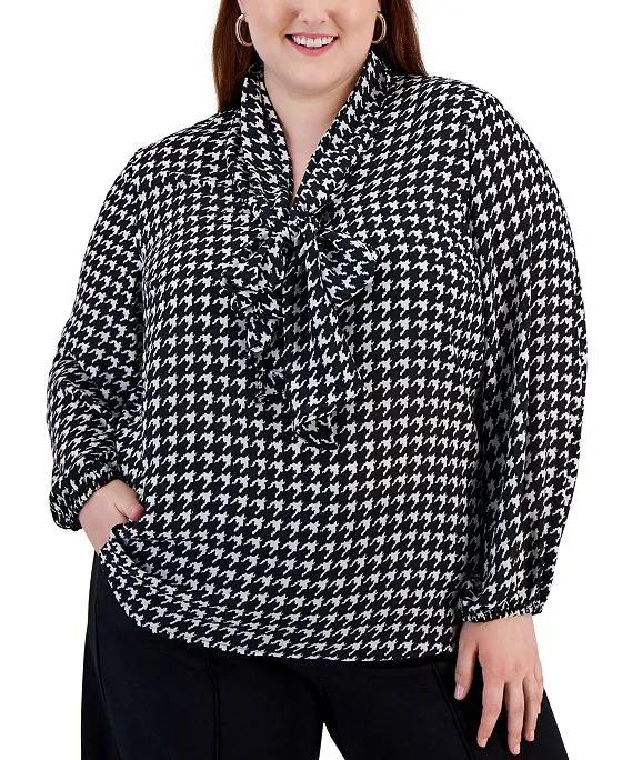 Plus Size Houndstooth Tie-Neck Long-Sleeve Blouse, Created for Macy's