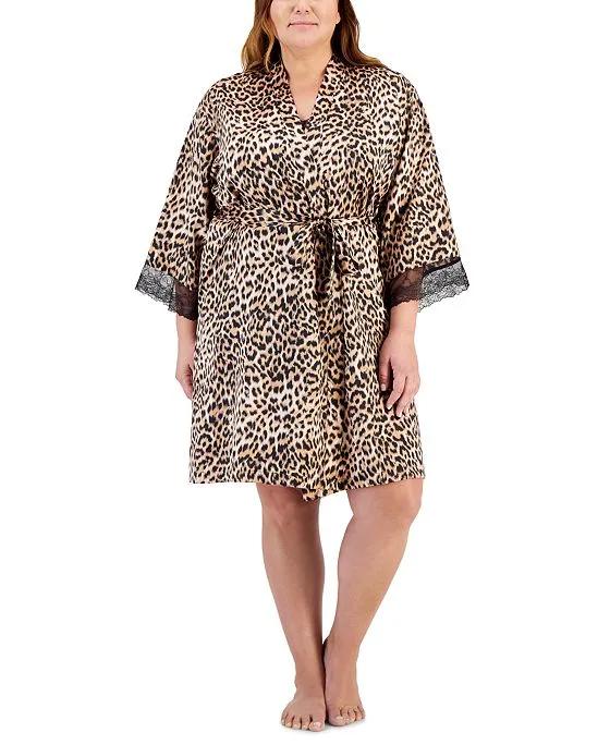Plus Size Lace-Trim Cheetah-Print Satin Wrap Robe, Created for Macy's