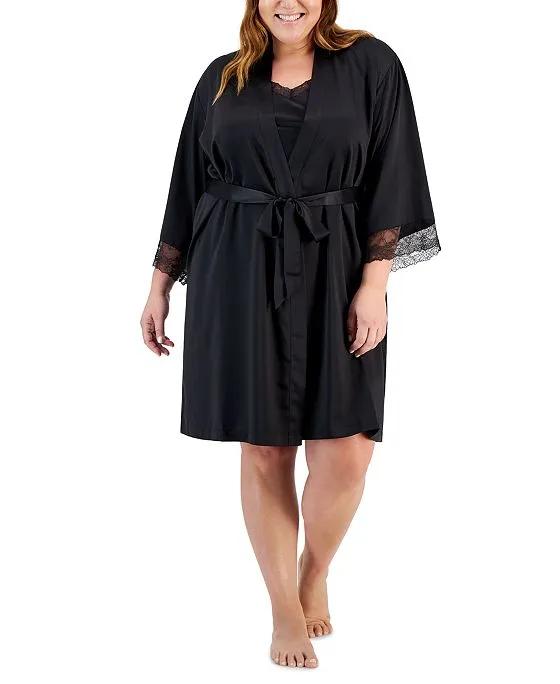 Plus Size Lace-Trim Satin Robe, Created for Macy's