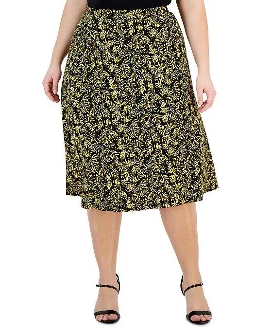 Plus Size Leaf-Print Pull-On Midi Skirt 