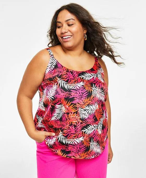 Plus Size Leaf-Print Scoop-Neck Cami Top, Created for Macy's