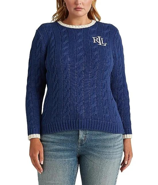 Plus Size Monogram Cable-Knit Cotton Sweater