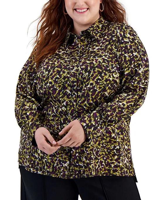 Plus Size Multi-Print Button-Front Long-Sleeve Shirt, Created for Macy's