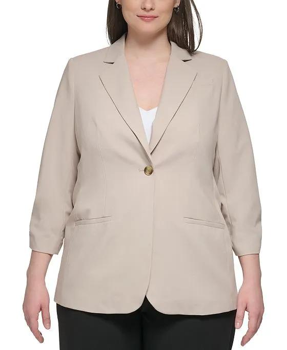 Plus Size One-Button 3/4-Scrunch-Sleeve Jacket