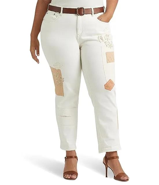 Plus Size Patchwork Relaxed Tapered Ankle Jeans in Cream Wash