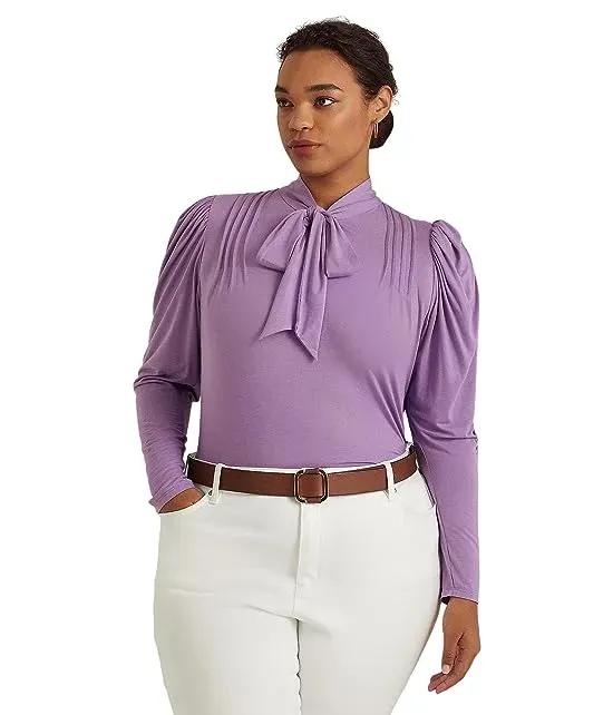 Plus Size Pleated Jersey Tie Neck Top