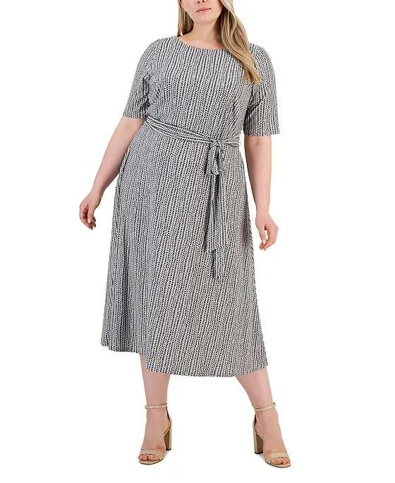 Plus Size Printed Fit & Flare Tie-Waist Knit Midi Dress
