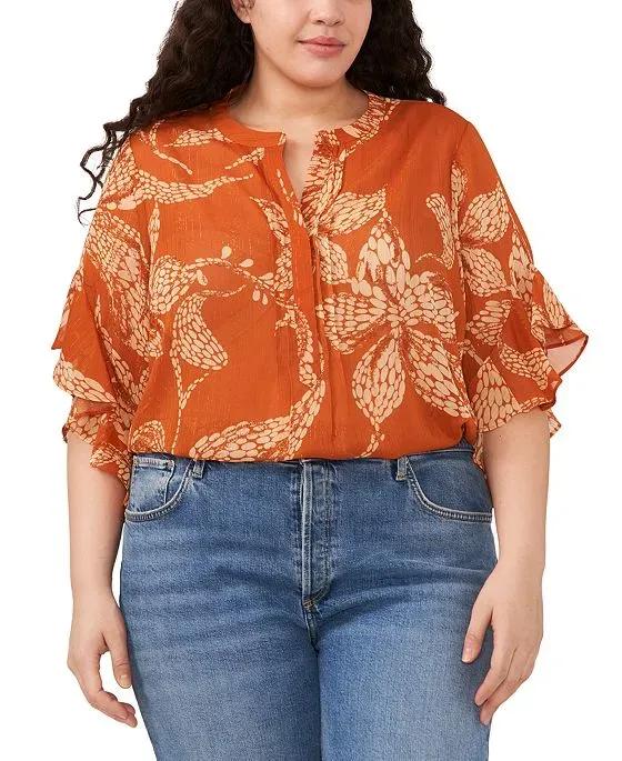 Plus Size Printed Flutter-Sleeve Pintuck Blouse