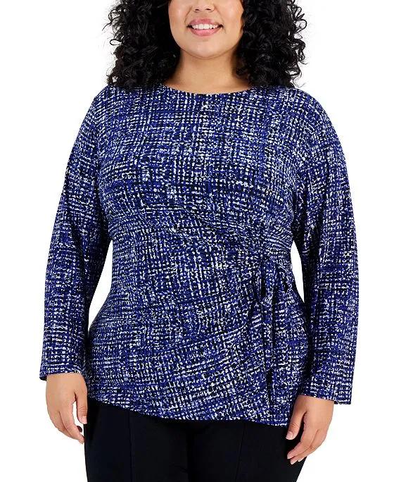Plus Size Printed Side-Tie Blouse