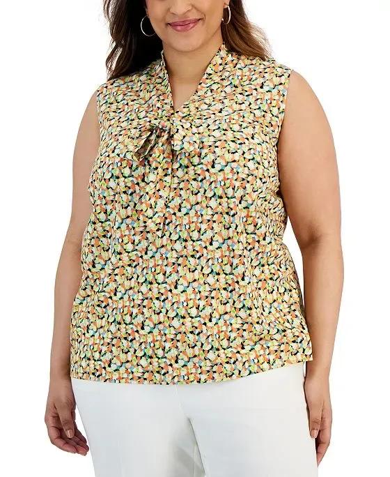 Plus Size Printed Sleeveless Tie-Front Blouse