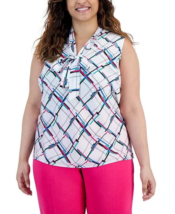 Plus Size Printed Tie-Front Sleeveless Shell Top