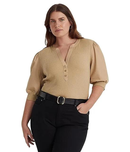 Plus Size Puff Sleeve Cotton Blend Henley Tee