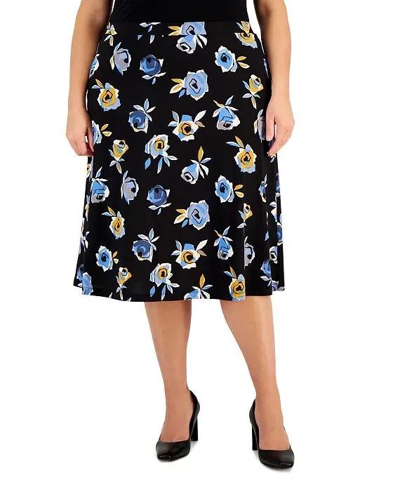 Plus Size Pull-On Floral Midi Skirt