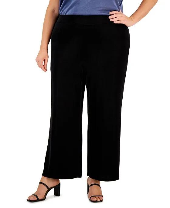 Plus Size Pull-On Wide-Leg Knit Ankle Pants