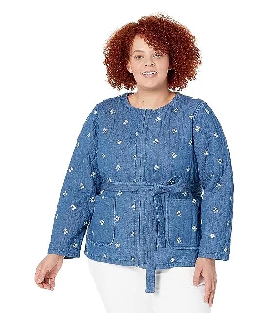 Plus Size Reversible Belted Jacket in Embroidered Chambray