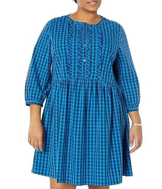 Plus Size Ruffle Placket Shift in Blue Gingham