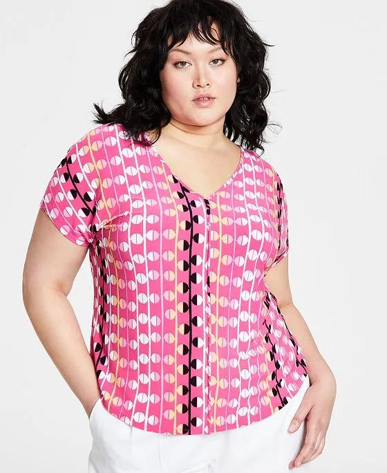 Plus Size Seamed Printed V-Neck Short-Sleeve Top, Created for Macy's