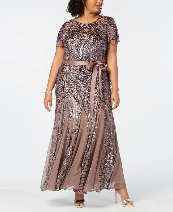 Plus Size Sequined Godet Gown
