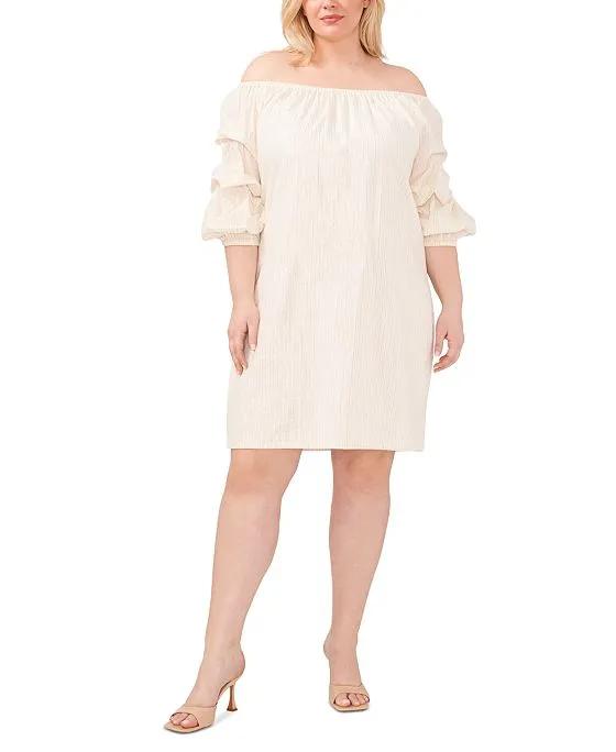 Plus Size Striped Off-The-Shoulder Lantern-Sleeve Cotton Dress