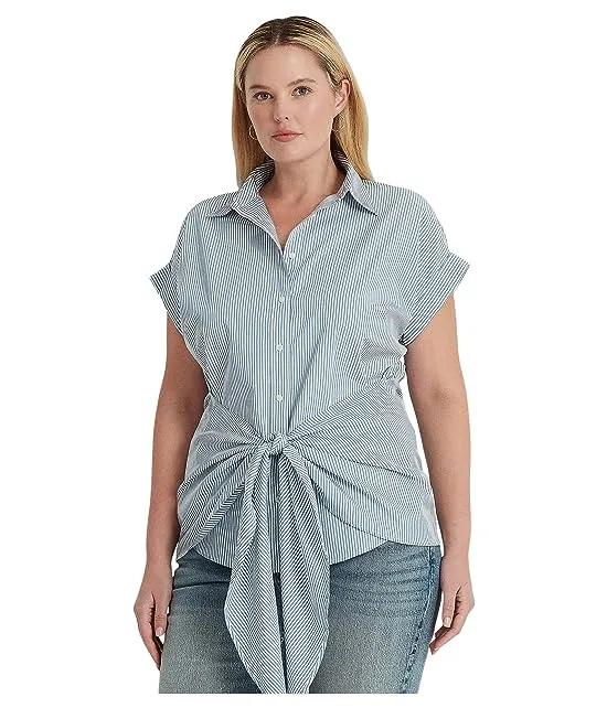 Plus Size Striped Tie-Front Cotton Broadcloth Shirt