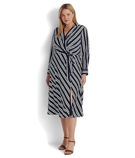 Plus Size Striped Tie Front Crepe Midi Dress