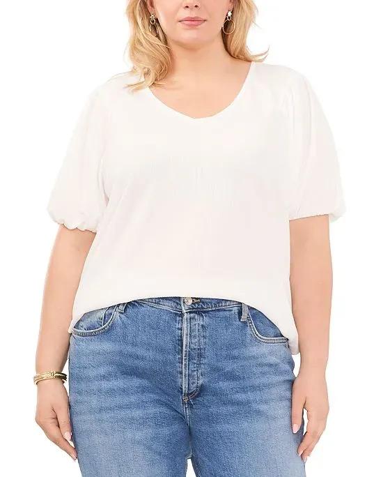 Plus Size Textured V-Neck Puff-Sleeve Top