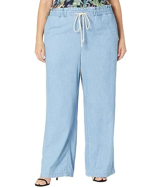 Plus Size Wide Leg Jeans with Elastic Ruffle Waistband in Light Stone