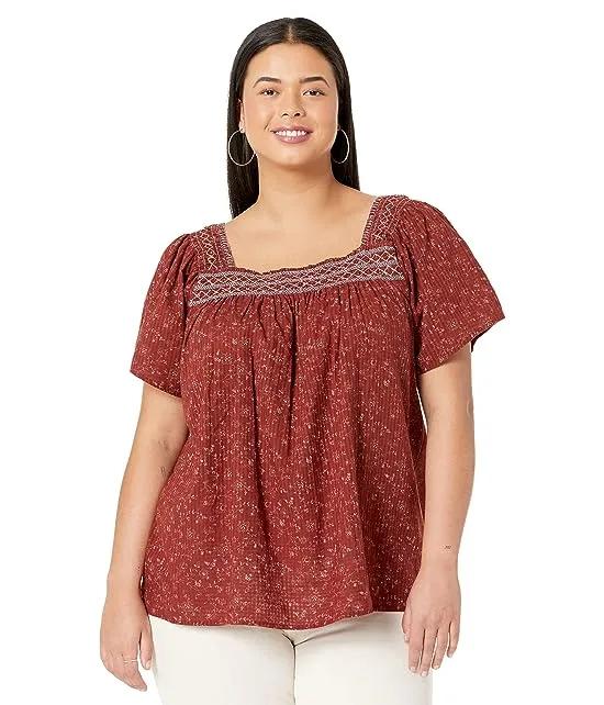Plus Square-Neck Smocked Top in Dotted Vines