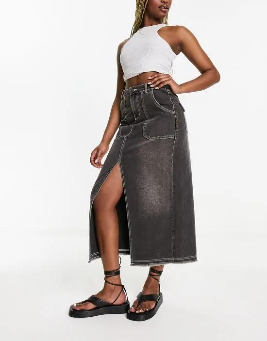 pocket detail maxi skirt in black wash with contrast stitching