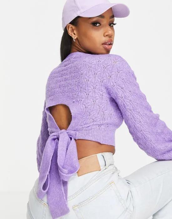 pointelle open tie back balloon sleeve sweater in lilac
