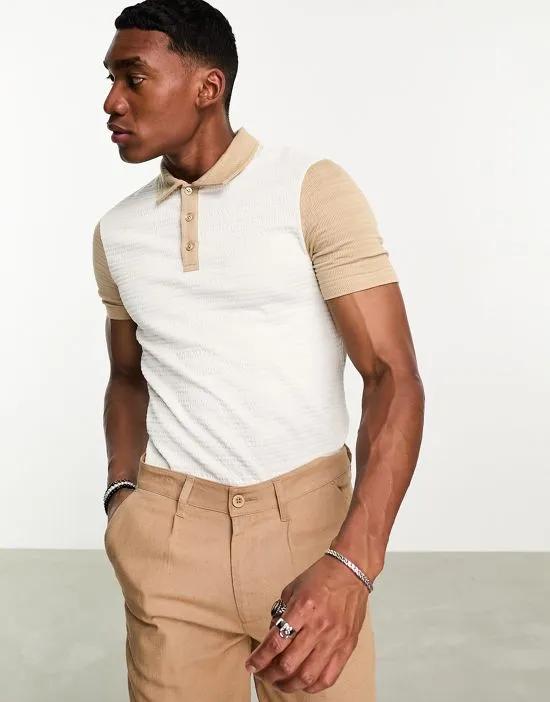 polo shirt in white and beige texture with contrast sleeves