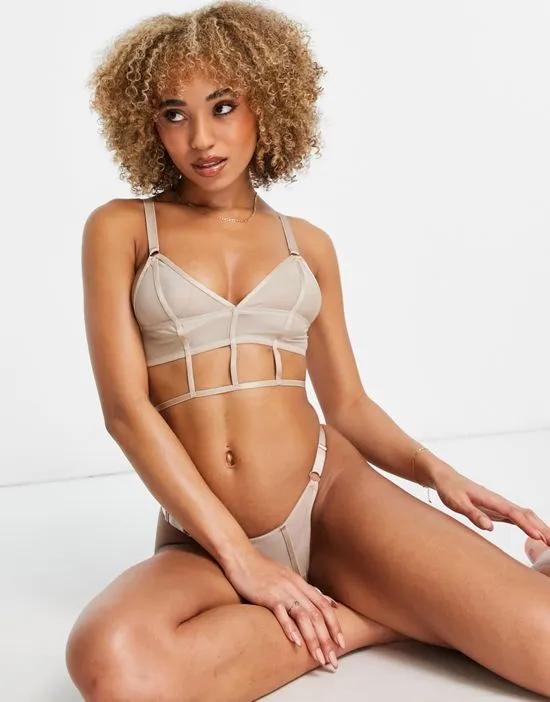 poly blend mesh longline triangle bralette with strapping detail in beige - CREAM