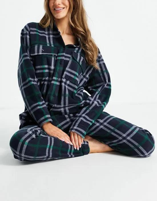 polyester plaid shacket and jogger set in black/green