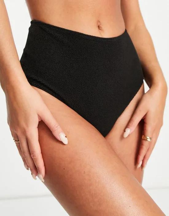 polyester textured high waist bikini bottoms in black