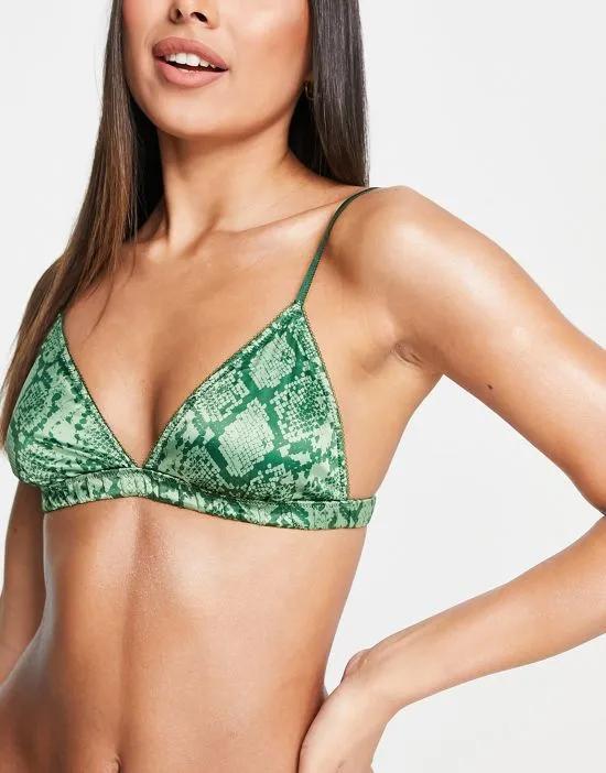 polyester triangle bra in green snake print - MGREEN