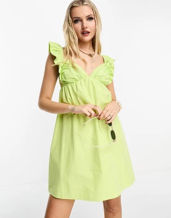 poplin frill strap mini sundress with bow back in lime green