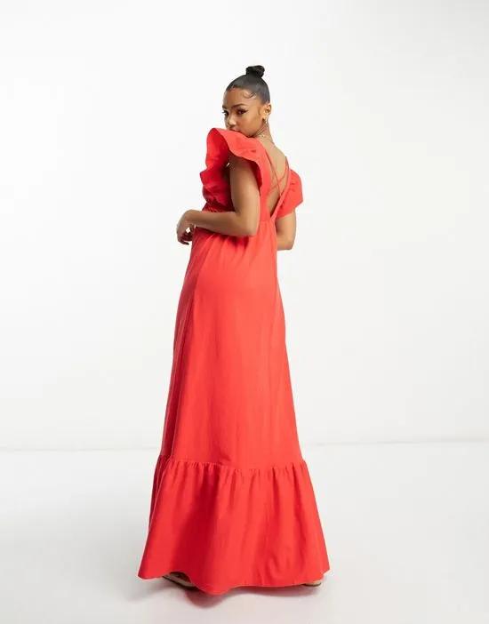 poplin sleeve smock maxi dress in red