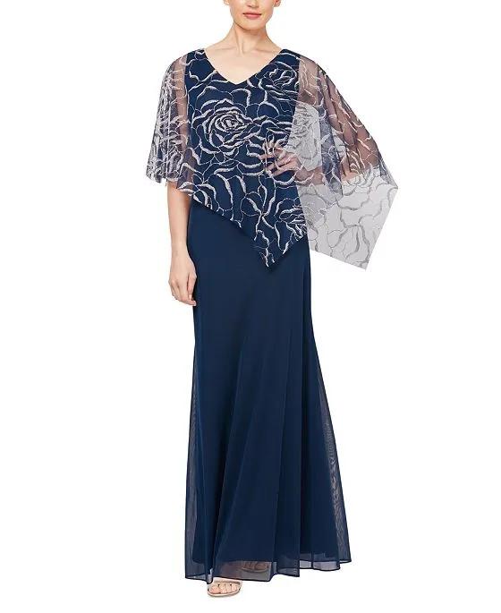 Popover V Neck Glitter Floral with Asymetric Cape