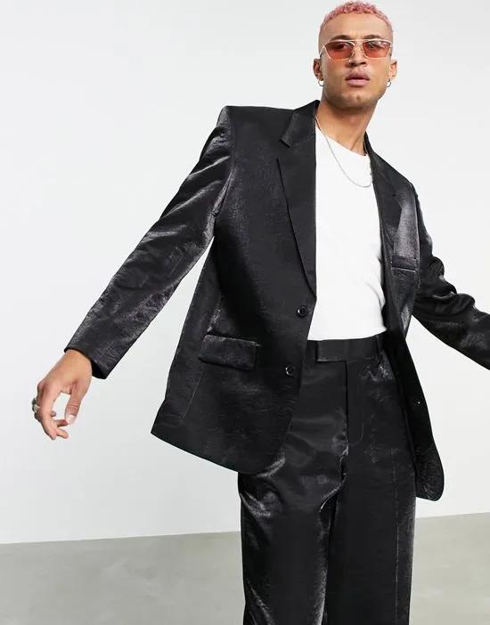 power shoulder suit jacket in black high shine fabric