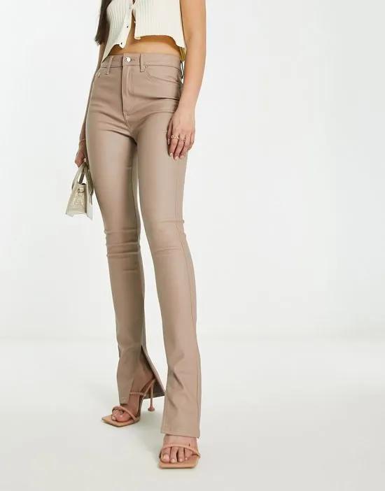 power stretch skinny kick flares with split hem in beige coated