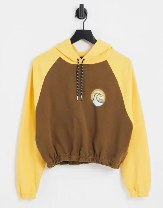 Pray For Wave cropped hoodie in brown/yellow