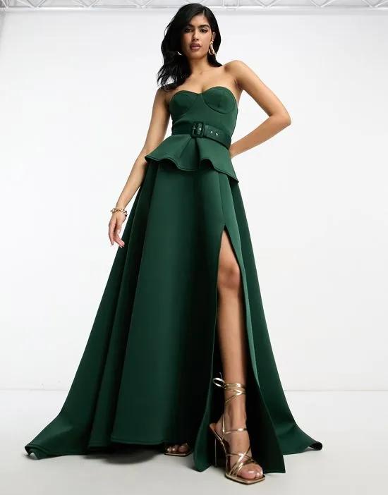 premium bandeau peplum hem belted maxi dress with thigh split in dark green